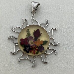 Vintage Sunburst Floral Resin, 925 Sterling Silver Pendant